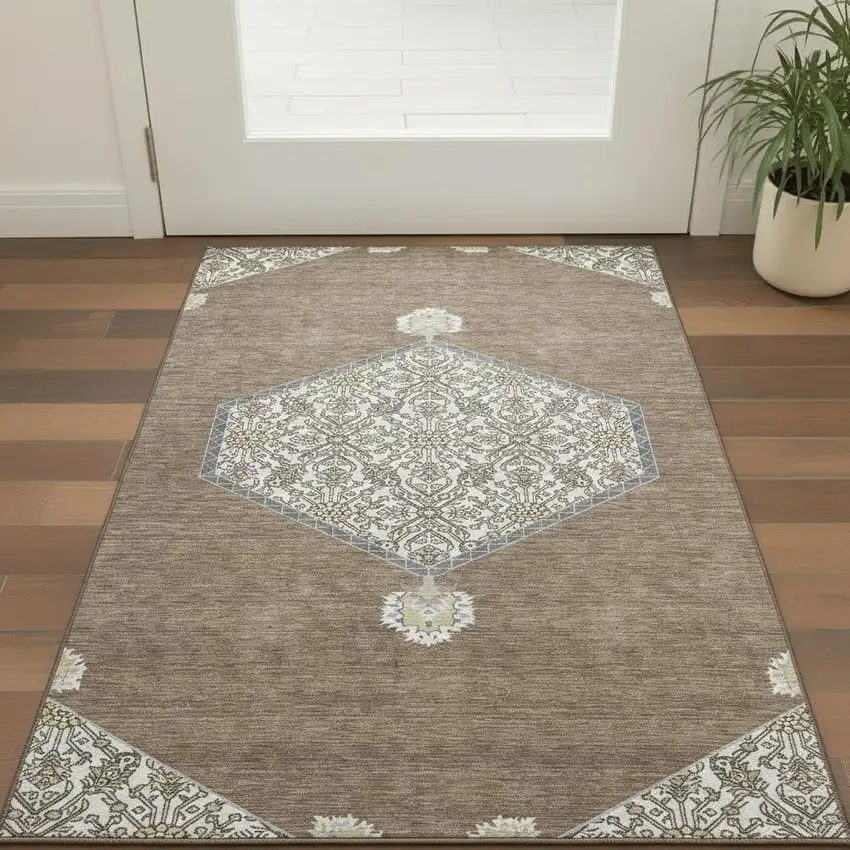 Brown Beige And Gray Oriental Washable Area Rug With UV Protection Photo 2