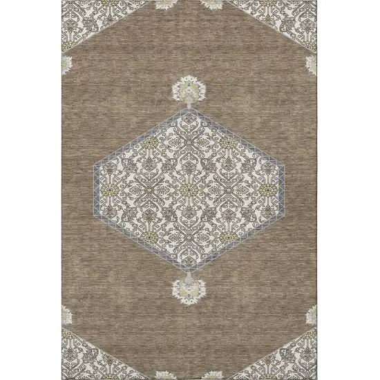 Brown Beige And Gray Oriental Washable Area Rug With UV Protection Photo 3