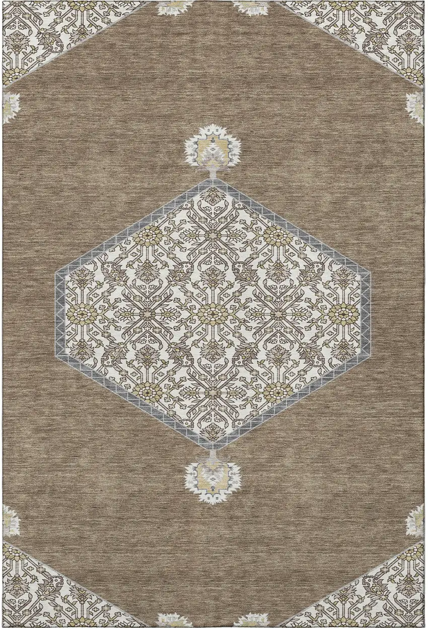 Brown Beige And Gray Oriental Washable Area Rug With UV Protection Photo 3
