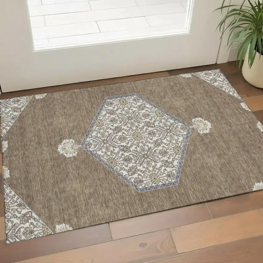 Brown Beige And Gray Oriental Washable Area Rug With UV Protection Photo 1