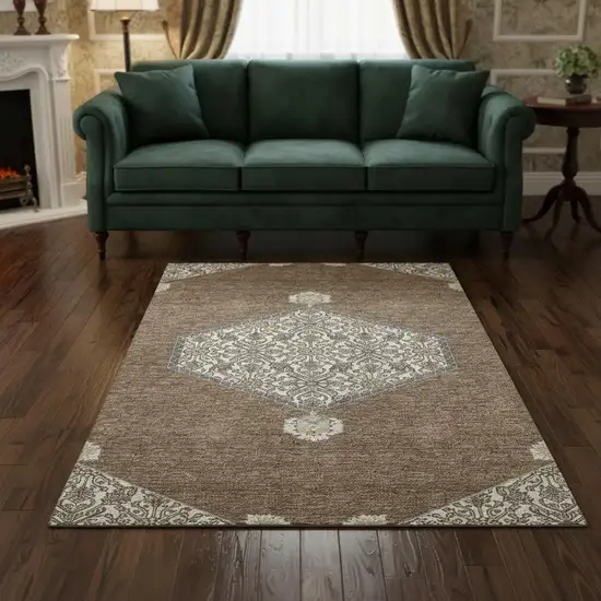 Brown Beige And Gray Oriental Washable Area Rug With UV Protection Photo 2