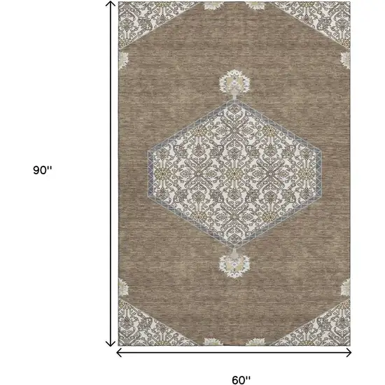 Brown Beige And Gray Oriental Washable Area Rug With UV Protection Photo 7