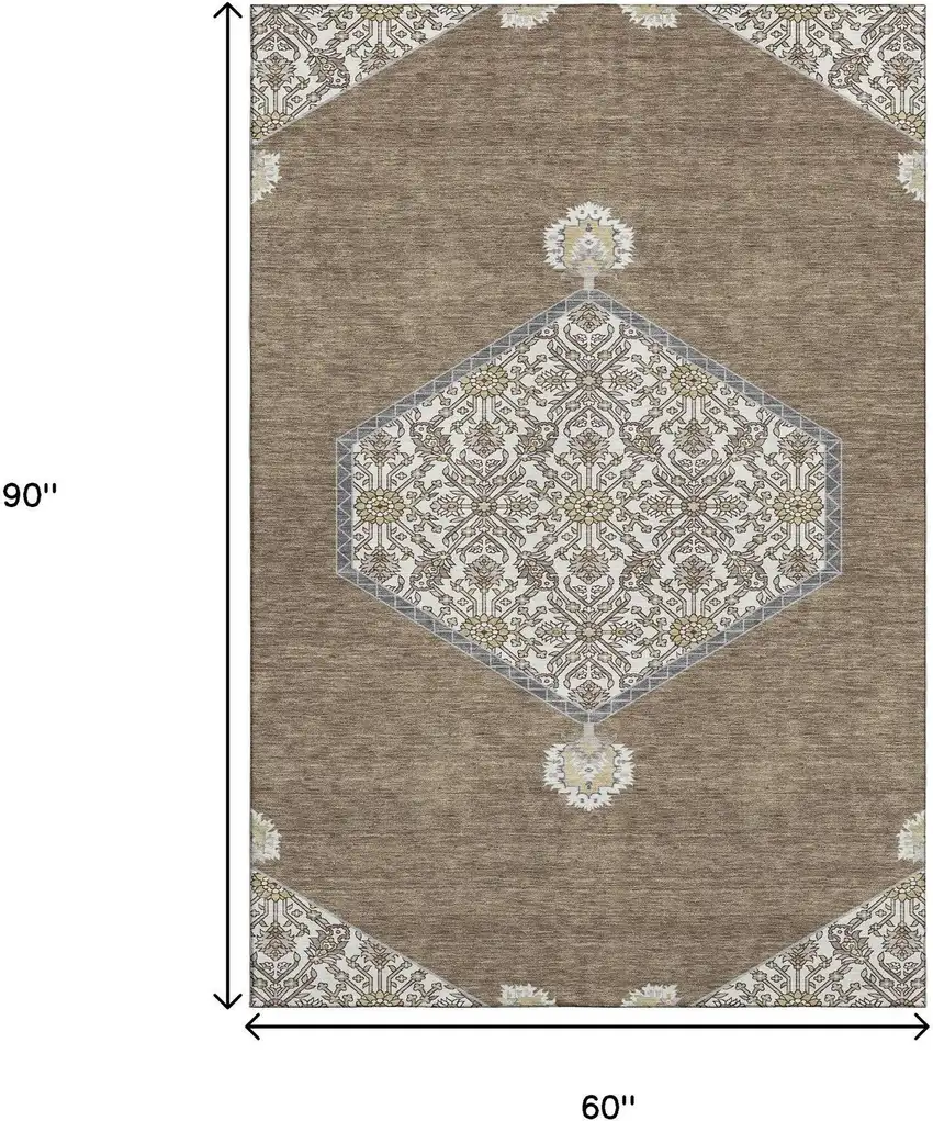 Brown Beige And Gray Oriental Washable Area Rug With UV Protection Photo 7
