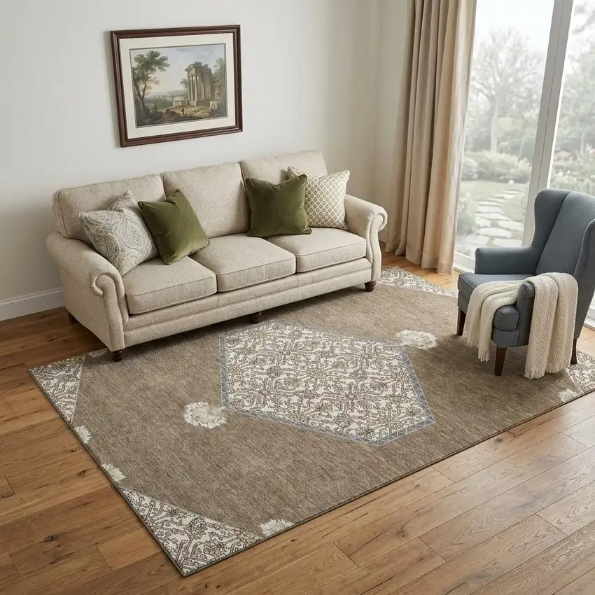 Brown Beige And Gray Oriental Washable Area Rug With UV Protection Photo 1