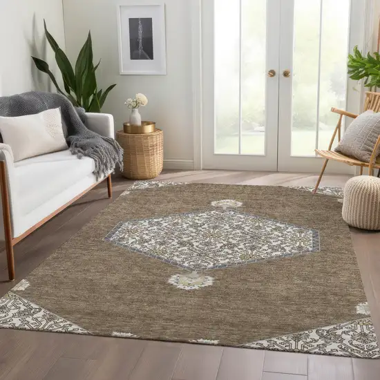 Brown Beige And Gray Oriental Washable Area Rug With UV Protection Photo 6