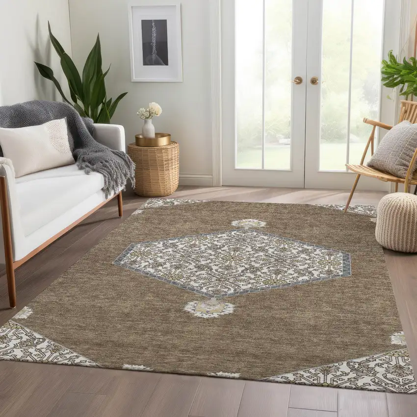 Brown Beige And Gray Oriental Washable Area Rug With UV Protection Photo 5