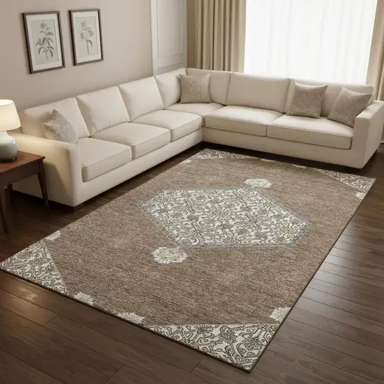 Brown Beige And Gray Oriental Washable Area Rug With UV Protection Photo 2