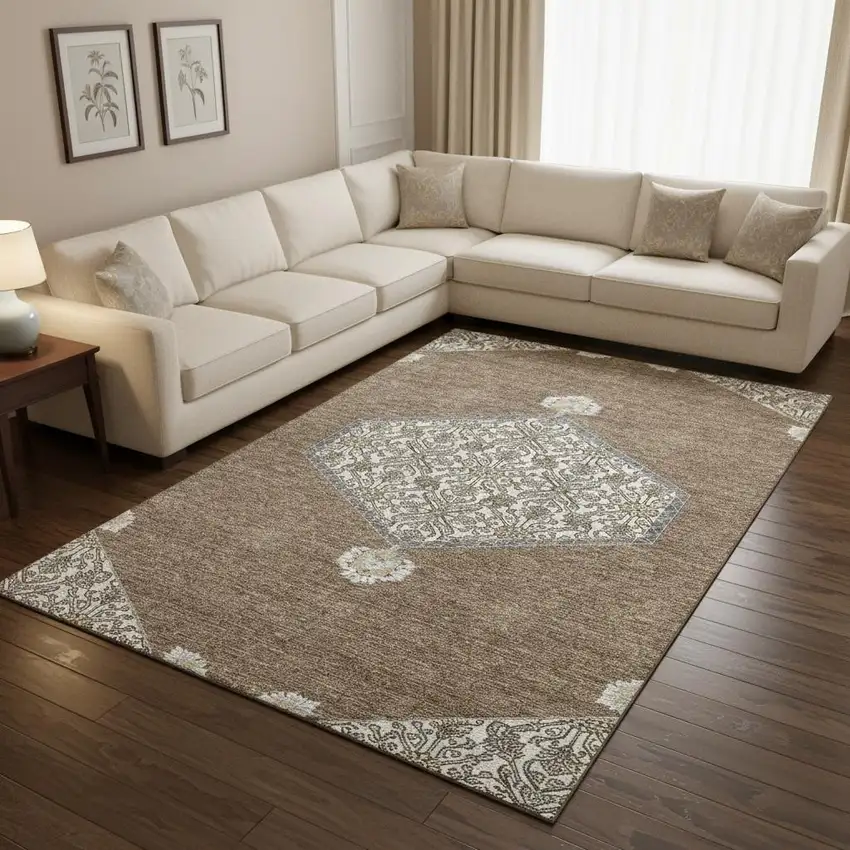 Brown Beige And Gray Oriental Washable Area Rug With UV Protection Photo 2