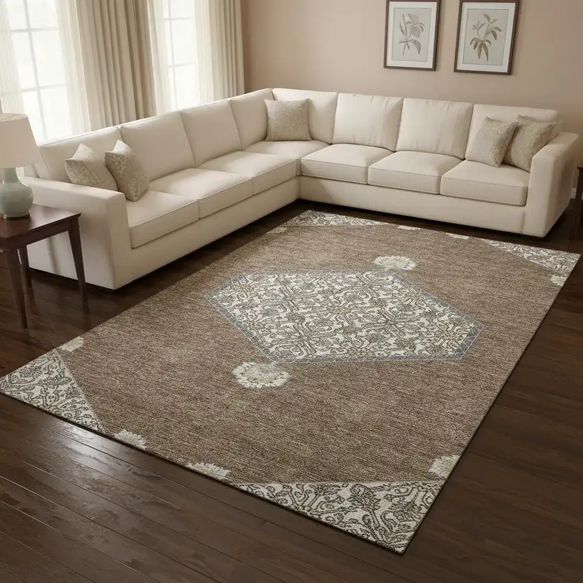 Brown Beige And Gray Oriental Washable Area Rug With UV Protection Photo 2