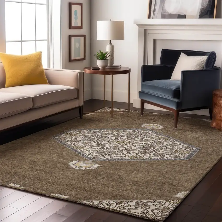 Brown Beige And Gray Oriental Washable Area Rug With UV Protection Photo 4
