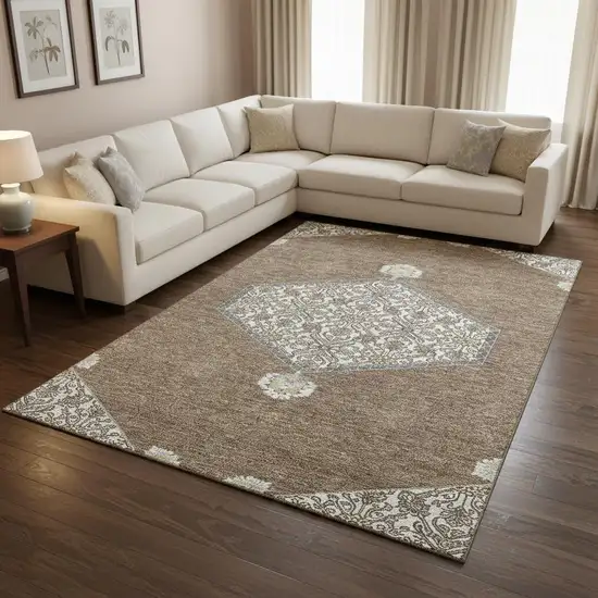 Brown Beige And Gray Oriental Washable Area Rug With UV Protection Photo 2
