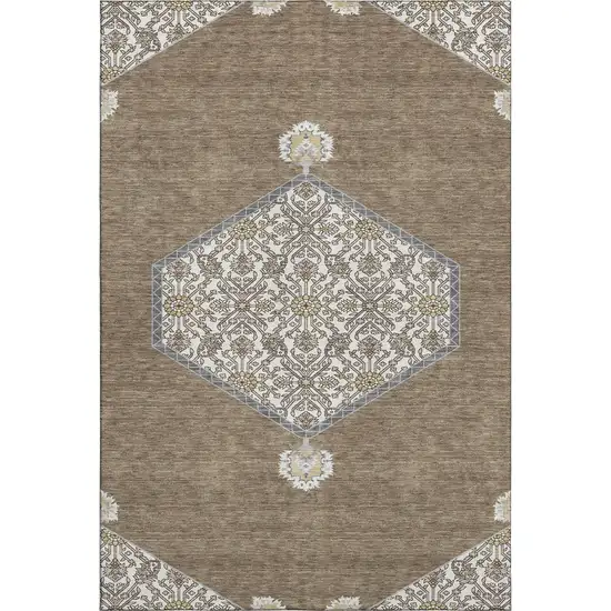 Brown Beige And Gray Oriental Washable Area Rug With UV Protection Photo 1