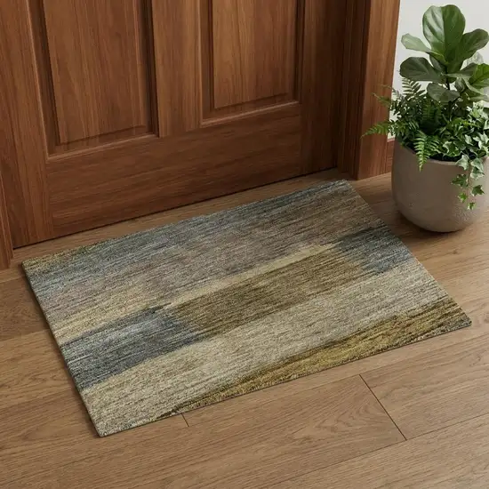 Brown Beige And Gray Striped Washable Area Rug With UV Protection Photo 1