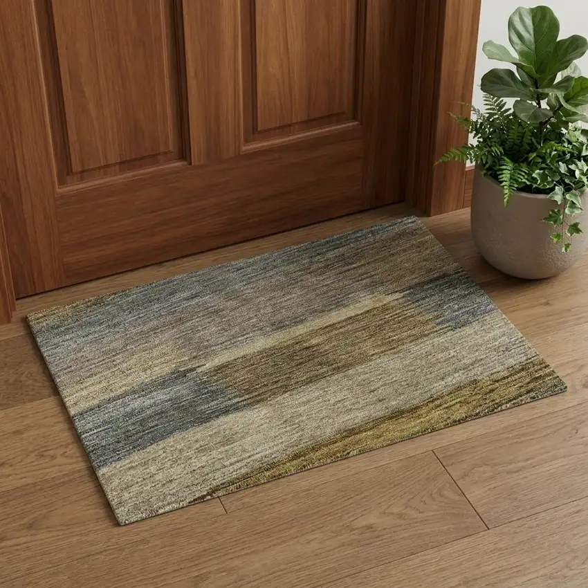 Brown Beige And Gray Striped Washable Area Rug With UV Protection Photo 1