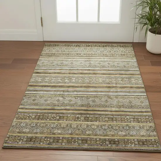 Brown Beige And Gray Striped Washable Area Rug With UV Protection Photo 2