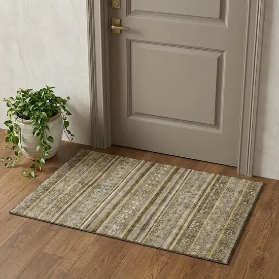 Brown Beige And Gray Striped Washable Area Rug With UV Protection Photo 1