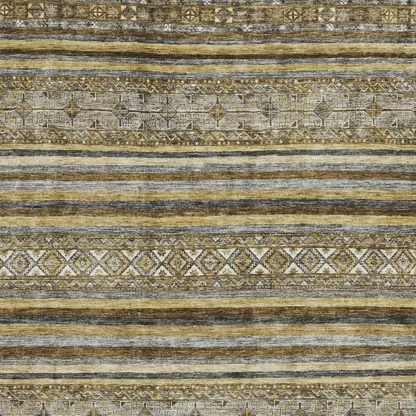 Brown Beige And Gray Striped Washable Area Rug With UV Protection Photo 2