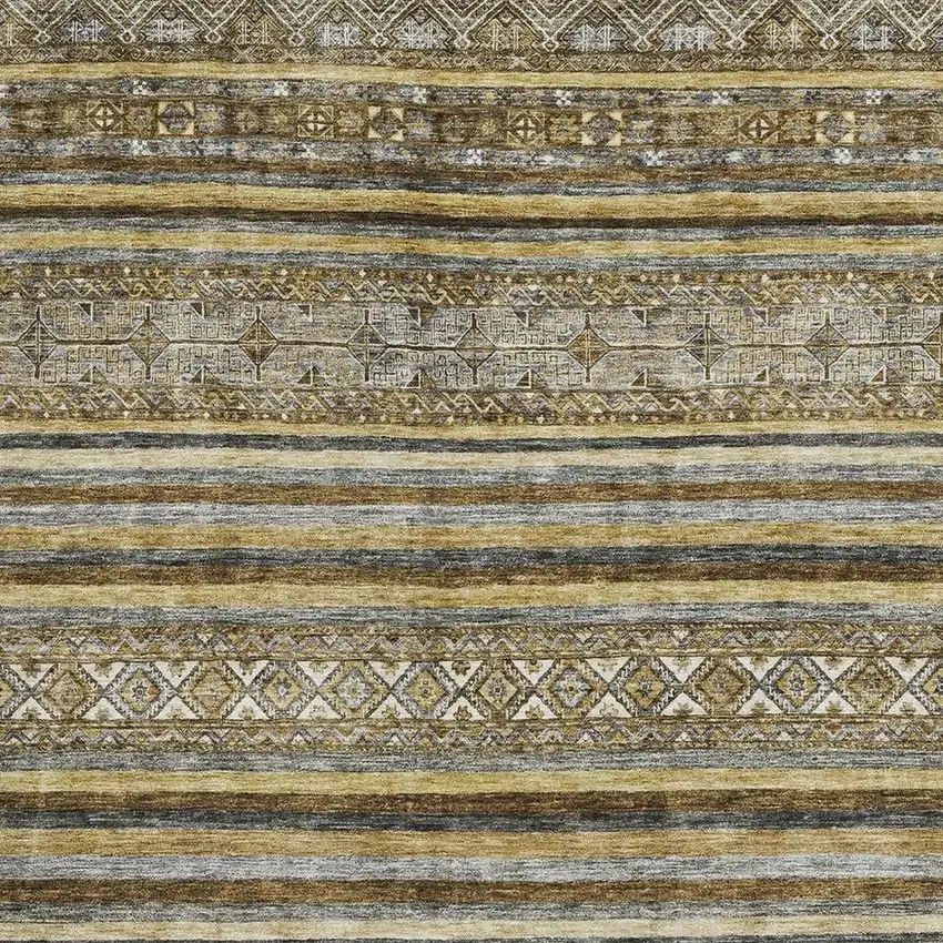 Brown Beige And Gray Striped Washable Area Rug With UV Protection Photo 2