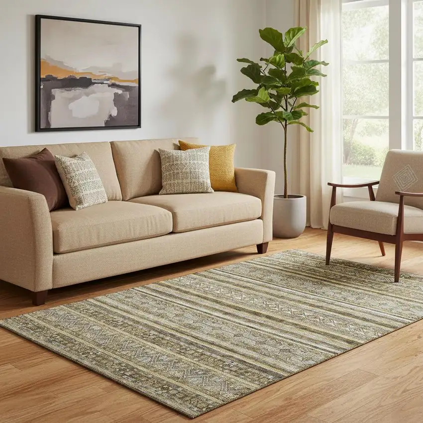 Brown Beige And Gray Striped Washable Area Rug With UV Protection Photo 2