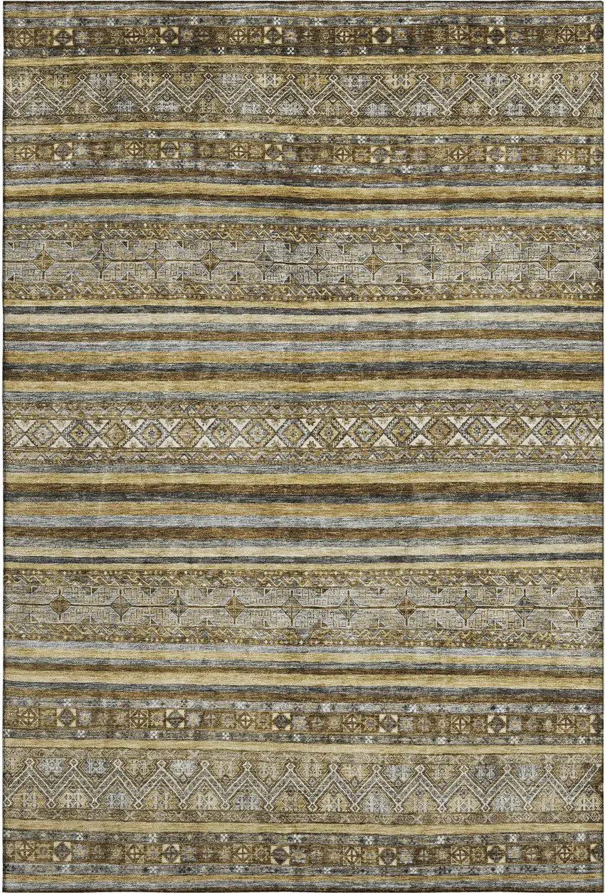 Brown Beige And Gray Striped Washable Area Rug With UV Protection Photo 1