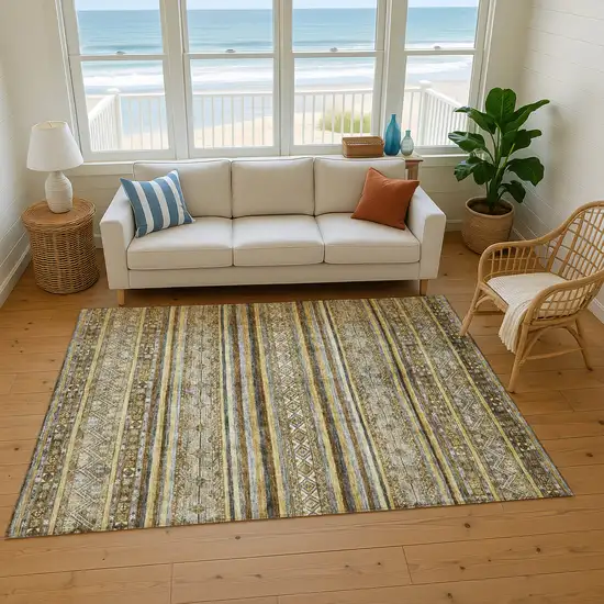 Brown Beige And Gray Striped Washable Area Rug With UV Protection Photo 5