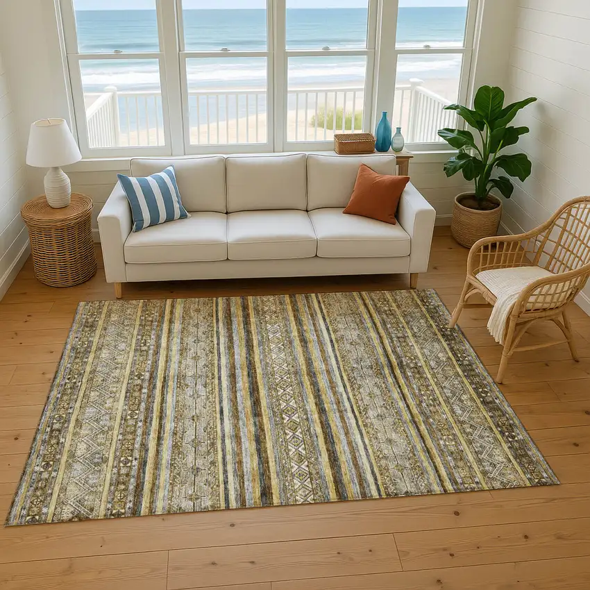 Brown Beige And Gray Striped Washable Area Rug With UV Protection Photo 5
