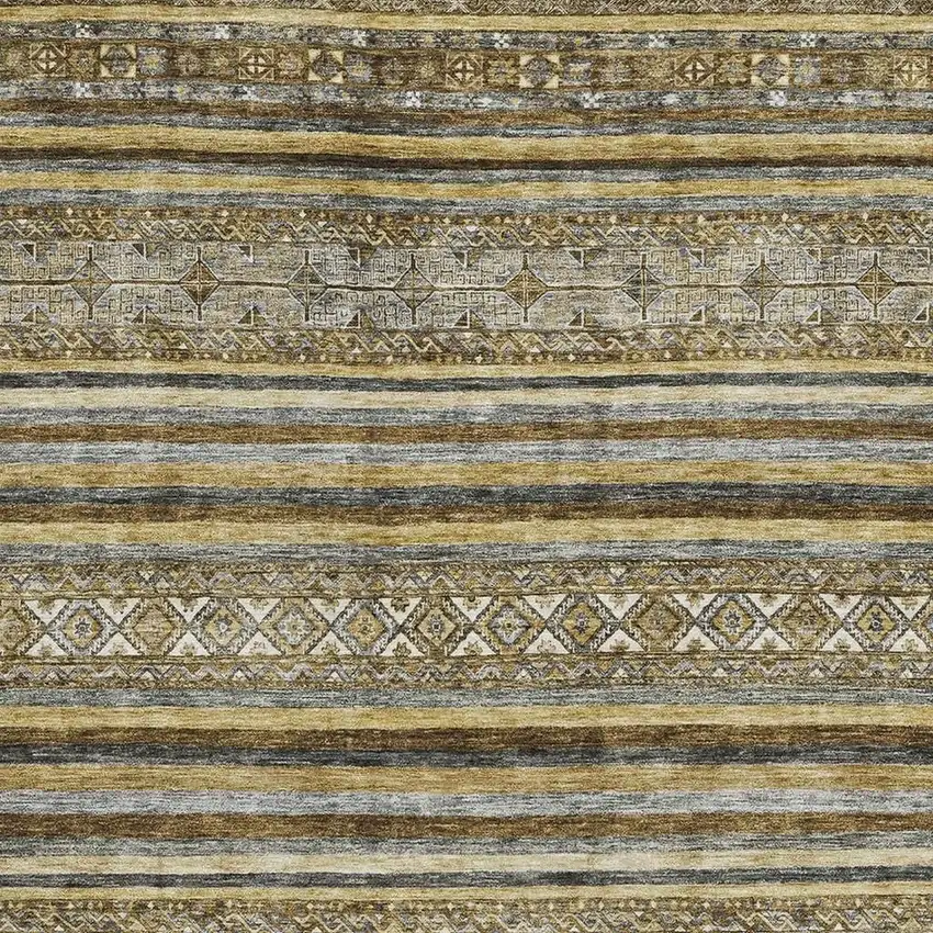 Brown Beige And Gray Striped Washable Area Rug With UV Protection Photo 2