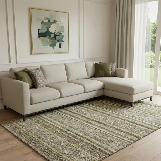 Brown Beige And Gray Striped Washable Area Rug With UV Protection Photo 2