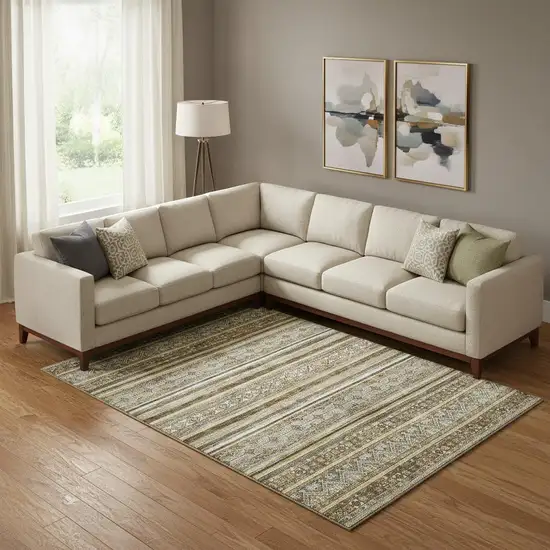 Brown Beige And Gray Striped Washable Area Rug With UV Protection Photo 2