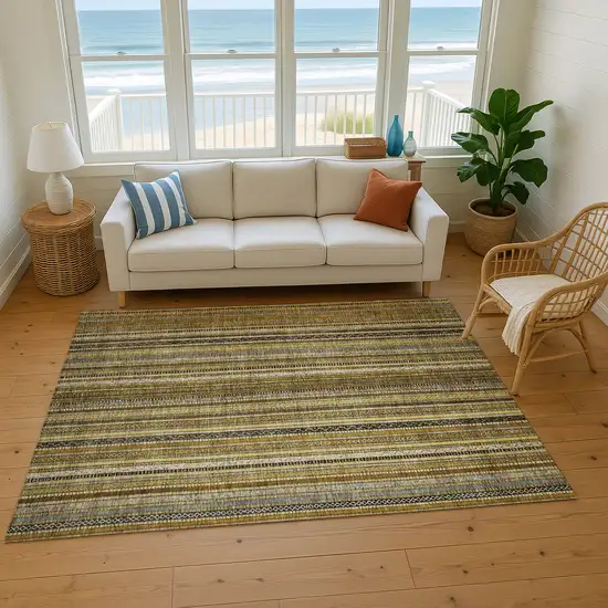 Brown Beige And Gray Striped Washable Area Rug With UV Protection Photo 3