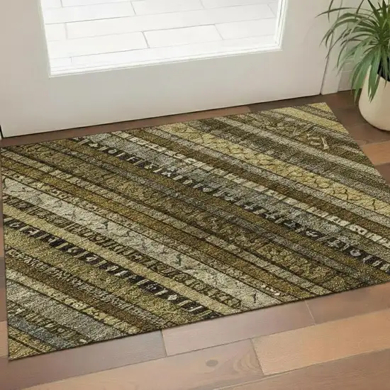 Brown Beige And Gray Striped Washable Area Rug With UV Protection Photo 2