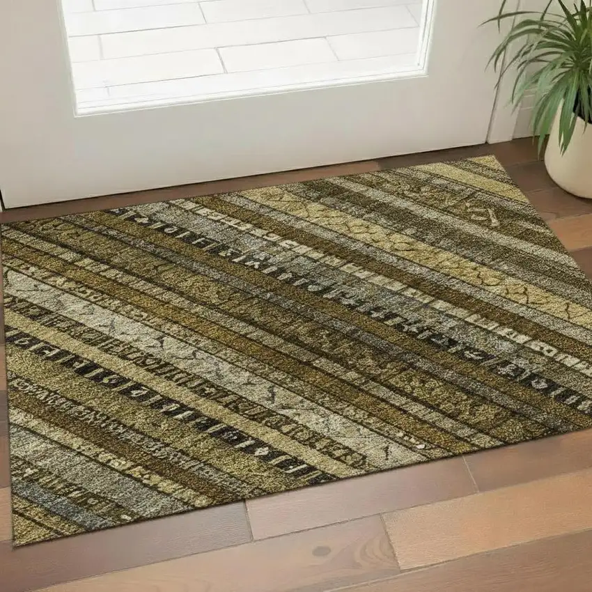Brown Beige And Gray Striped Washable Area Rug With UV Protection Photo 2
