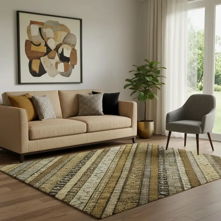 Brown Beige And Gray Striped Washable Area Rug With UV Protection Photo 2