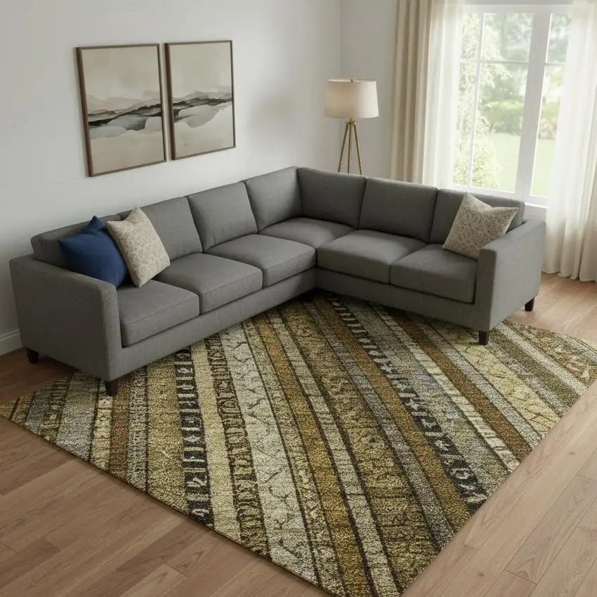 Brown Beige And Gray Striped Washable Area Rug With UV Protection Photo 2