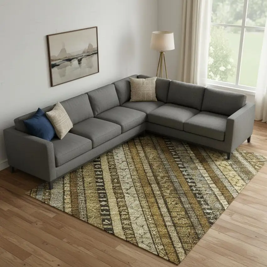 Brown Beige And Gray Striped Washable Area Rug With UV Protection Photo 2