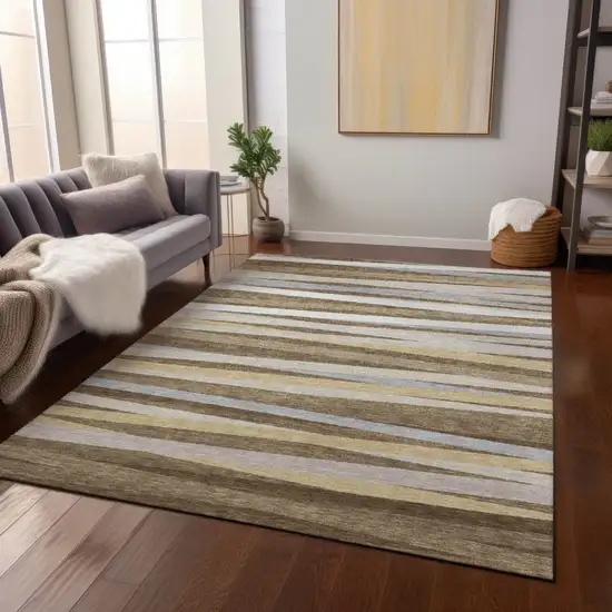 Brown Beige And Gray Striped Washable Indoor Outdoor Area Rug Photo 8