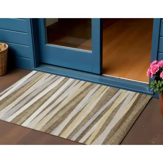 Brown Beige And Gray Striped Washable Indoor Outdoor Area Rug Photo 1