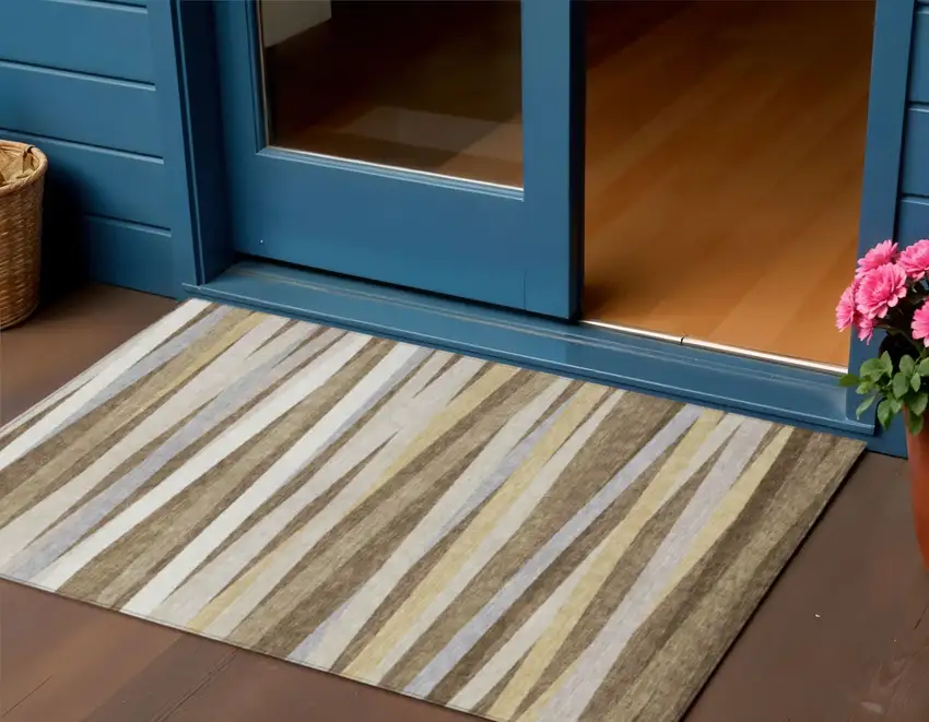 Brown Beige And Gray Striped Washable Indoor Outdoor Area Rug Photo 1