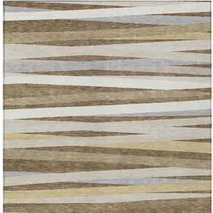 Photo of Brown Beige And Gray Striped Washable Indoor Outdoor Area Rug