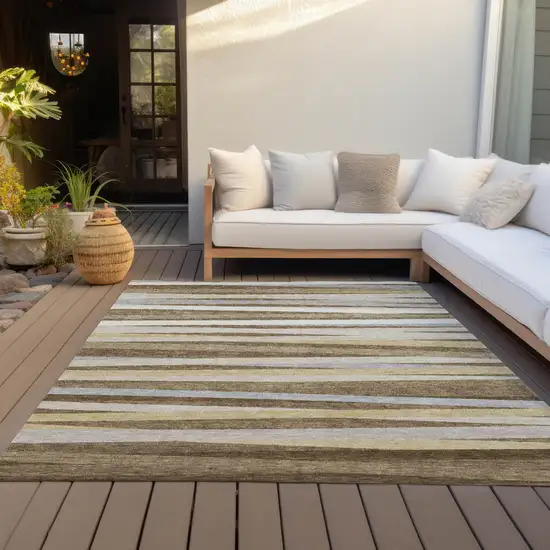 Brown Beige And Gray Striped Washable Indoor Outdoor Area Rug Photo 7