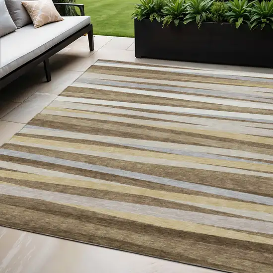 Brown Beige And Gray Striped Washable Indoor Outdoor Area Rug Photo 1