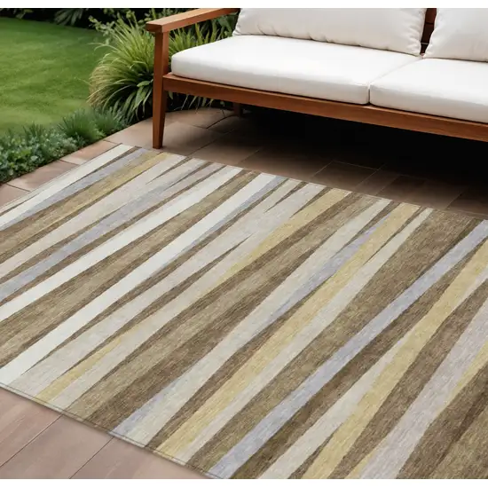 Brown Beige And Gray Striped Washable Indoor Outdoor Area Rug Photo 1