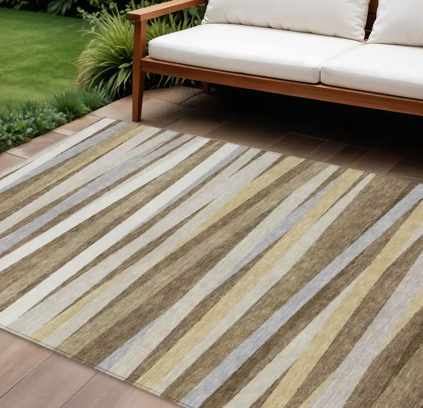 Brown Beige And Gray Striped Washable Indoor Outdoor Area Rug Photo 1