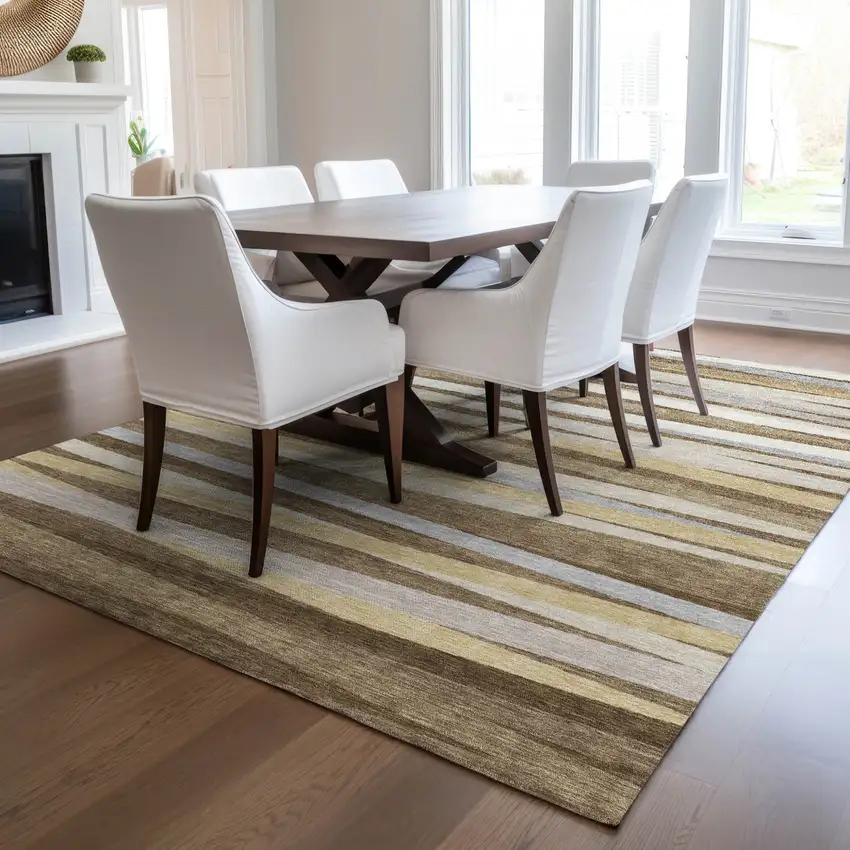 Brown Beige And Gray Striped Washable Indoor Outdoor Area Rug Photo 9