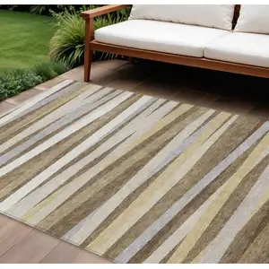 Photo of Brown Beige And Gray Striped Washable Indoor Outdoor Area Rug