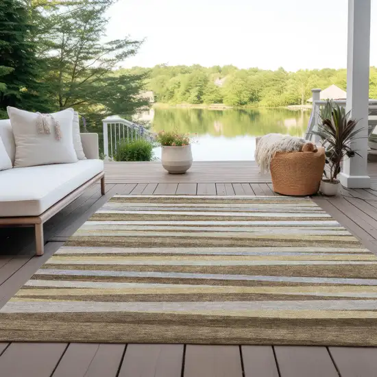 Brown Beige And Gray Striped Washable Indoor Outdoor Area Rug Photo 9