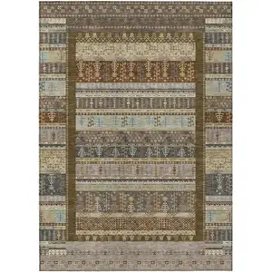 Photo of Brown Beige And Gray Striped Washable Indoor Outdoor Area Rug