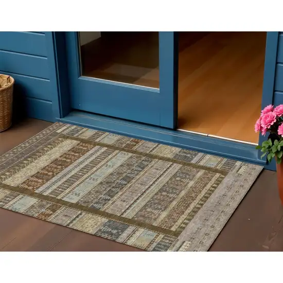 Brown Beige And Gray Striped Washable Indoor Outdoor Area Rug Photo 2