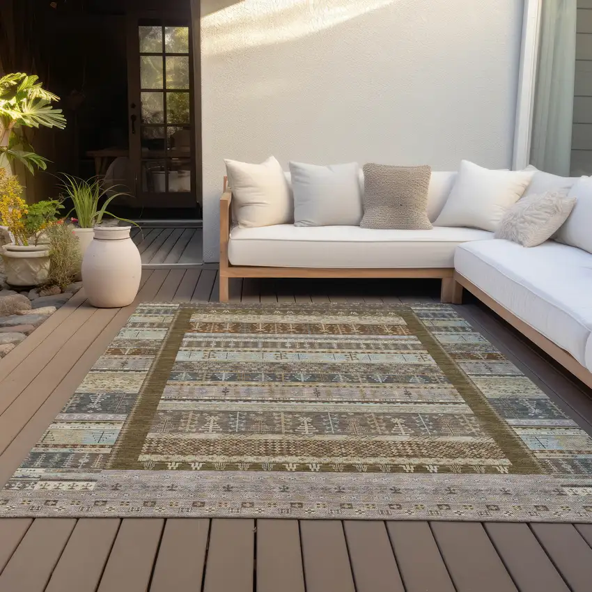 Brown Beige And Gray Striped Washable Indoor Outdoor Area Rug Photo 7