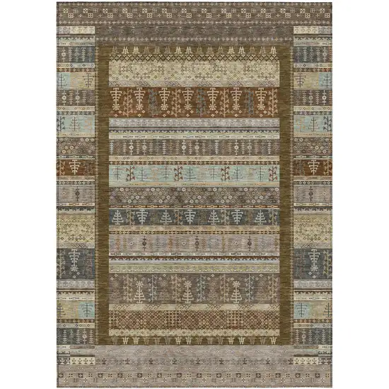 Brown Beige And Gray Striped Washable Indoor Outdoor Area Rug Photo 1